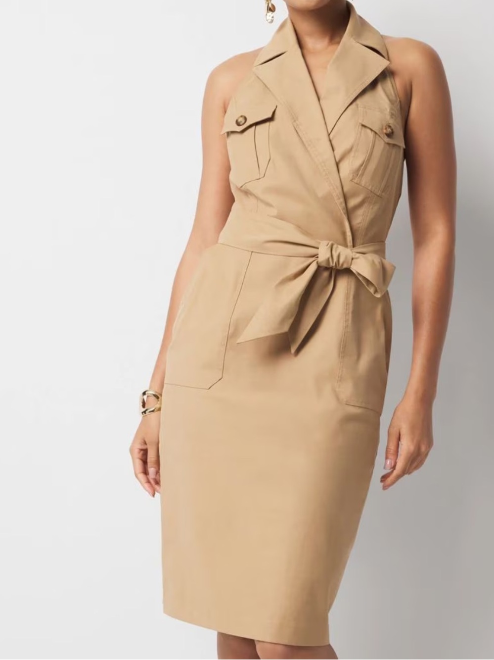 White House Black Market Tan Sleeveless Wrap Dress with Notch Collar